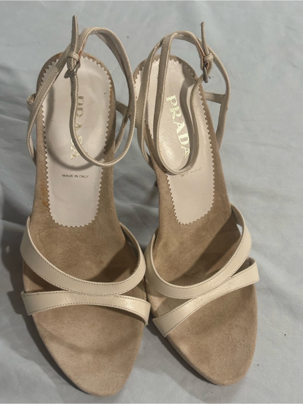 Prada Cream Suede Open-Toe Ankle-Strap  Silver heel Heels